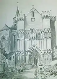 Dessin en noir et blanc du porche nord de la collégiale.