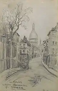 La Butte Montmartre, rue Norvins, fusain, 1910.
