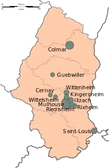 Carte du Haut Rhin, qui représente ses communes de plus de 10&nbsp;000&nbsp;habitants.