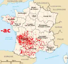Terminaisons en -ac, issues de -acum, uniquement dans le Sud et en Bretagne.