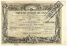 Certificat provisoire de fondation de la Compagnie Générale des Eaux (CGE) de 5 actions de 125 francs chacune, daté à Paris le 16 août 1853, signé de la main de Barthélemy Prosper Enfantin en tant que directeur. La création de la Compagnie Générale des Eaux, qui prendra le nom de Vivendi en 1998, découle des idées socialistes du saint-simonien Enfantin.