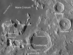 Promontoire Agarum, dorsa Harker&nbsp;(en) et cratère Condorcet au sud de la mer des Crises.