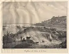Confluent du Rhône et de la Saône au XIXe siècle, dessin de Louis-Julien Jacottet.