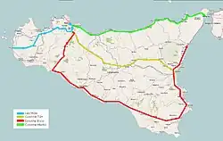 Carte de la Sicile avec les trajets en couleurs des différentes colonnes de patriotes