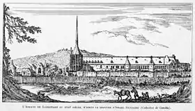 L'abbaye de Longchamp au XVIIe&nbsp;siècle, d'apres la gravure d'Israël Silvestre. En arrière-plan, le calvaire du mont Valérien.