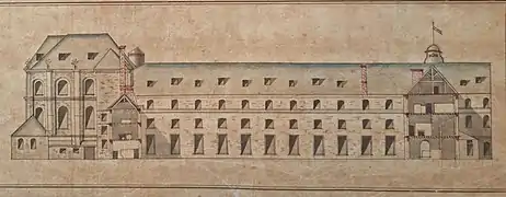 Schéma de coupe de l'école de Saint-Cyr du côté de l'entrée, XVIIIe&nbsp;siècle, localisation inconnue