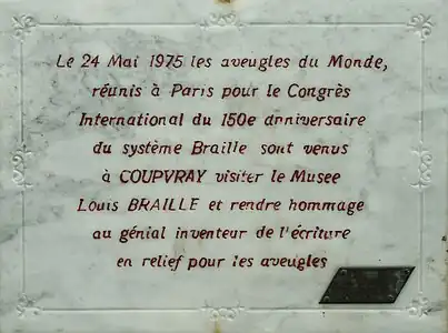 Plaque commémorative du 150e&nbsp;anniversaire du système Braille (1975), Coupvray.