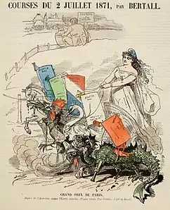 Courses du 2 juillet 1871, par Bertall  Dessin du&nbsp;Grelot&nbsp;du 25 juin 1871, à propos des élections législatives partielles du 2 juillet 1871. Faisant la course avec l'hydre de l'anarchie, le char de la République est attelé au cygne légitimiste, au coq orléaniste, à l'aigle bonapartiste et au cheval de labour des ruraux.