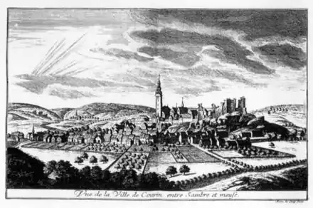 Gravure d'une vue de Couvin par Remacle Le Loup