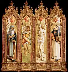 Les quatre saints de Denver, de gauche à droite : saint Antoine abbé, saint Christophe, saint Sébastien et saint Thomas d'Aquin, Carlo Crivelli (années 1490).