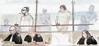 Croquis d'audience en couleurs, représentant les accusés et leurs avocats.