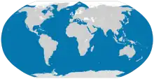 Planisphère de couleur grise représentant en bleu la présence de l'Orque dans le monde (Océans du monde entier, sauf la mer Baltique ou la mer Noire notamment).