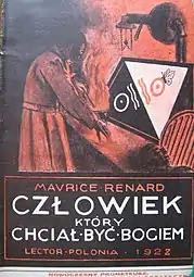 Couverture d'un roman titré « Człowiek, który chciał być Bogiem » sur laquelle est représenté un homme faisant des expériences sur un corps humain.