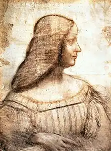 Portrait en grisaille d'une jeune femme vue en buste et de profil.