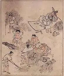 Le battage du riz. Kim Hong-do (1745-v.1806/18), nom d'artiste Danwon. Feuille d'album, encre sur papier, H. 27,8&nbsp;cm. Musée national de Corée