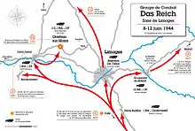 Carte en couleurs du déploiement de la 2e division SS « Das Reich » dans la zone de Limoges