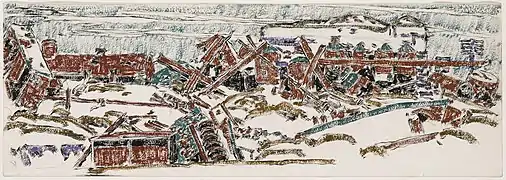 Dessin aquarellé de David Milne : La sucrerie de Courcelette (août 1919)