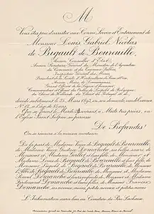 Faire-part de décès de Louis Gabriel de Bigault de Boureuille (25 mars 1893).