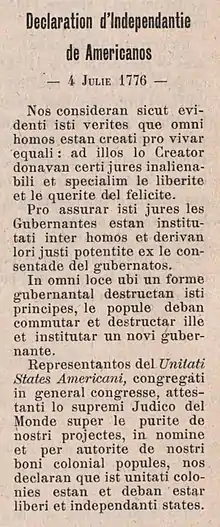 Traduction d'un extrait de la Déclaration d'indépendance des États-Unis en romanal, 1917.