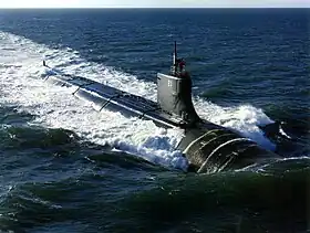 Le USS&nbsp;Seawolf&nbsp;(SSN-21) américain, sous-marin nucléaire d'attaque de la classe Seawolf.