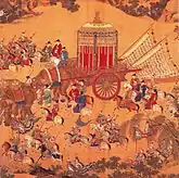 Détail du rouleau du « Départ solennel » de la tournée d'inspection de Xuande. L'attelage de l'empereur est tiré par des éléphants et escorté par des cavaliers (le panorama complet est disponible ici). Musée national du Palais, Taipei.