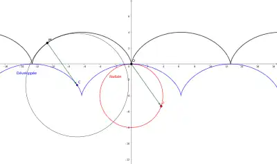 Une cycloïde, sa développée (en bleu) et sa radiale (en rouge)