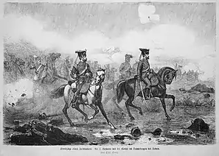 7e&nbsp;régiment de hussards du 11e&nbsp;corps d'armée&nbsp;(de) en double pluie à Sedan, 1872.