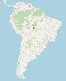 Carte de l'Amérique du Sud montrant l'emprise de l'aire de distribution d’U. longidorsalis au Brésil d'après l'UICN (2024).