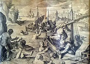 Philippe Galle, La Pêche au corail, gravure d'après Jan van der Straet (XVIIe&nbsp;siècle).