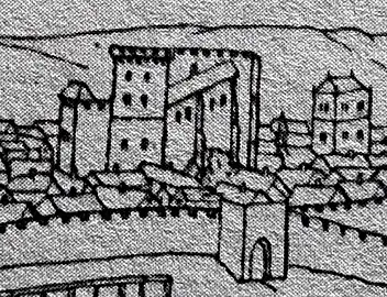 Illustration du Donjon Lacataye, extrait d'un plan du dessinateur flamand Joachim Duviert, début du XVIIe&nbsp;siècle.