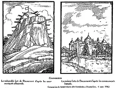 Vision néerlandaise : « le redoutable fort de Douaumont d'après les communiqués allemands ; la maison forte de Douaumont d'après les communiqués français. »