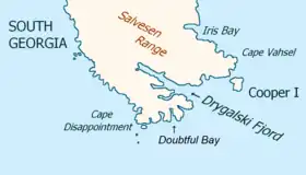 Carte de l'extrémité méridionale de la Géorgie du Sud avec l'île de Cooper.