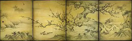 Kanō Shōei et son fils Kanō Eitoku. Fleurs et oiseaux des quatre saisons. XVIe&nbsp;siècle. Encre sur papier, 2 paires de 16 fusuma, 2 x (176x142 cm.). Daitoku-ji (大徳寺), Kyoto.