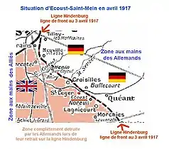 En avril 1917, Ecouts-Saint-Mein est situé en zone alliée à seulement 1&nbsp;km du front.