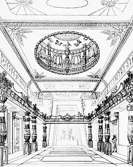 La grande salle de l'Egyptian Hall redessinée par J.B. Papworth&nbsp;(en), en 1819.