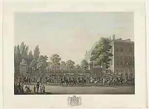 La cavalerie lors de l'entrée solennelle de Guillaume&nbsp;Ier à Bruxelles le 21 septembre 1815, gravure de Denis-Sebastien Leroy, 1825.