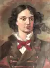 Portrait en buste d'une jeune femme échevelée en uniforme marron à brandebourgs, un nœud rouge autour du cou