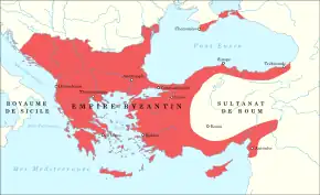 Carte représentant en rouge l'aire dominée par l'Empire byzantin