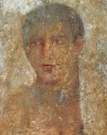 Peinture à l'encaustique sur pierre tombale en marbre. Portrait d'un jeune homme nommé Théodoros. Ier&nbsp;siècle&nbsp;av. J.-C..