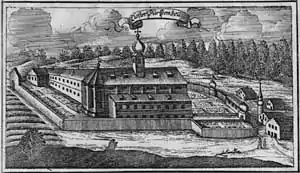L'abbaye en 1687, gravure de Kraus, atlas d'Ertl.
