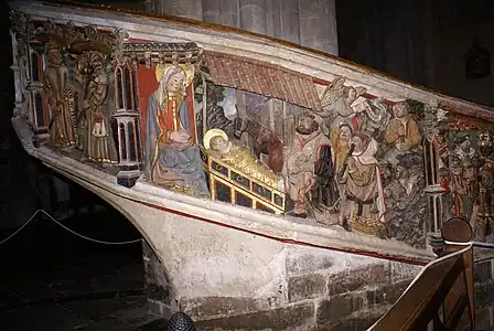 Escalier en colimaçon menant au jubé de la basilique. Scène de la Nativité. XIVe&nbsp;siècle.