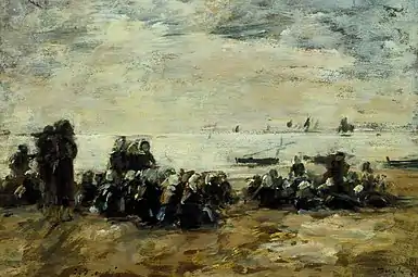 Femmes attendant des bateaux de pêche sur la plage de Berck, 1880Southampton City Art Gallery