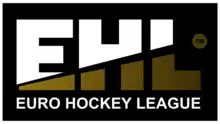 Initiales EHL en grand en blanc et marron et écrit en dessous en plus petit EURO HOCKEY LEAGUE en blanc, le tout sur un fond noir.