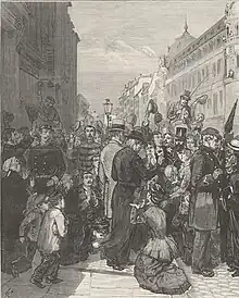 Dessin de la cohue de la rue de Sèvres ; des militaires y saisissent les jésuites tandis que des catholiques prient pour les congréganistes.