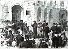 Dessin monochrome de trois jésuites, chacun accompagné d'un parlementaire, recevant les marques de respect d'une foule tenue à distance par les forces de l'ordre.