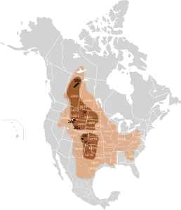 Carte du déclin de la population et de la répartition du bison jusqu'en 1889 d'après le travail de William Hornaday.  Répartition précoloniale Répartition en 1870 Répartition en 1889.