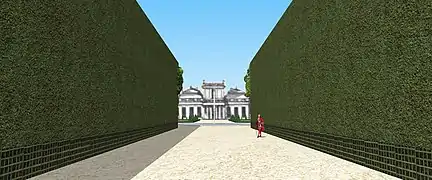 Vue de la Folie Titon depuis le bout du jardin. Seul le pavillon central est visible.