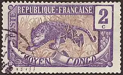 Timbre type Moyen Congo (1907), 2 centimes violet, gravé par Puyplat.