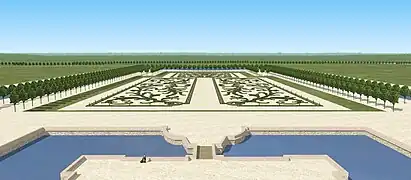 Restitution de la vue depuis la lanterne sur le parterre du château de Fresnes-sur-Marne, au XVIIe siècle.