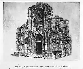 Façade occidentale de l'abbatiale Saint-Ouen avant achèvement. Dessin de Drouin.